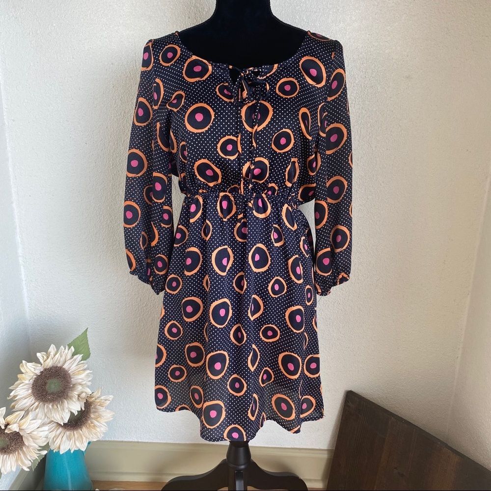 Polka Dot Abstract Navy/Orange/Pink Dress - Medium